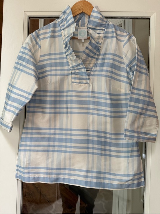 Devon Baer Tops - Devon Baer Silk Light Blue Plaid Ruffle-Trim Tunic Beautiful for a summer party
